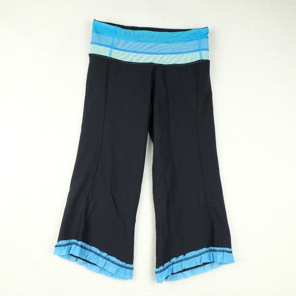Lululemon Womens Yoga Pants 4 Black Blue Capri Ruffle Athletic Athleisure Casual - Picture 1 of 10